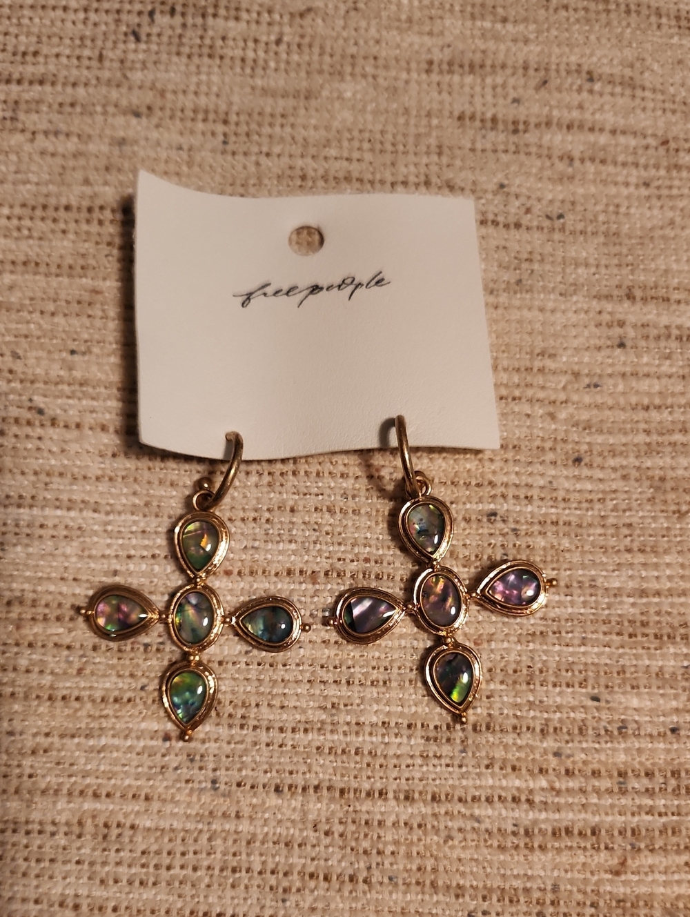 Free People Gold Cross Drop Earrings with Iridescent Green and Purple Teardrops